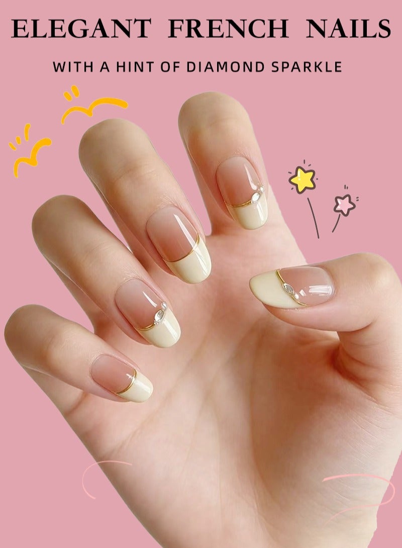 French Tip Press On Nails-Nude Pink Gradient with Gold Line & Rhinestone Accents - Image 2